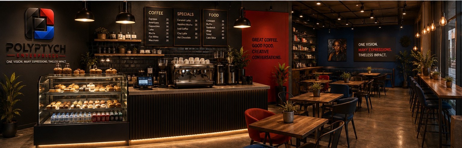 POLYPTYCH Café concept with coffee counter, food display and community seating