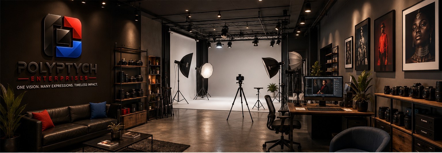 POLYPTYCH creative studio concept with photography set, equipment and gallery wall